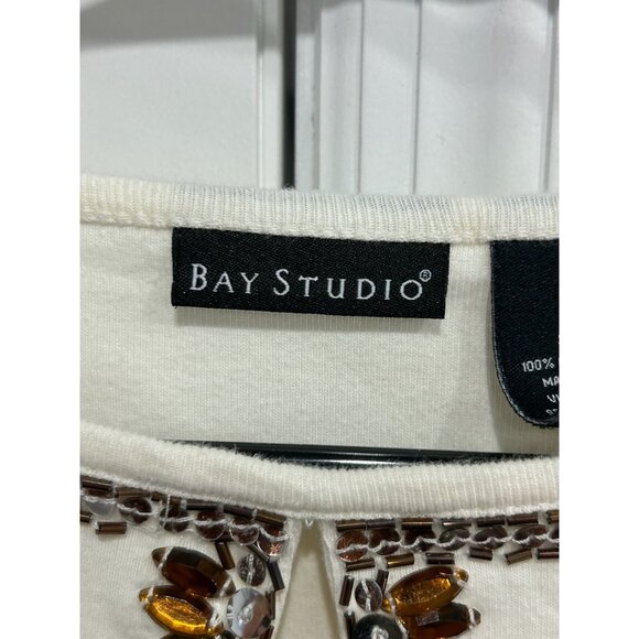 Bay Studio Womens Beaded Embellished Top Small Ivory 3/4 Sleeve 100% Cotton - Picture 5 of 10